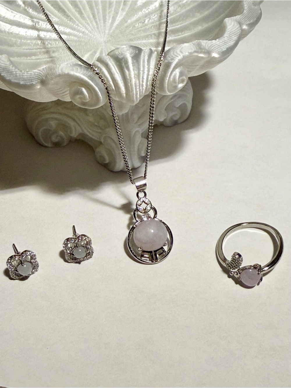 Sterling Silver Jadeite Jade Jewelry Set - Necklace, Ring Set & Stud earrings